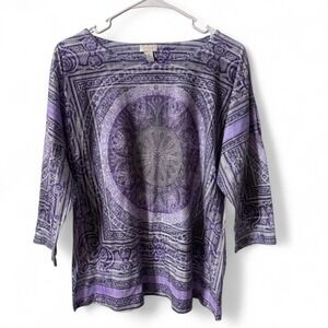 Chico's Medallion Print 3/4 Sleeve Purple Top Bedazzled Boho Lavender Chic